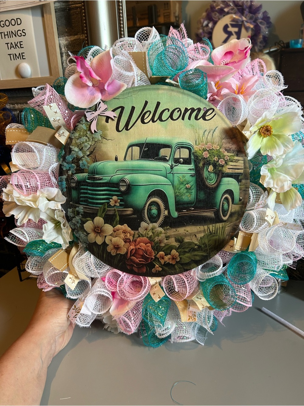 Hand Crafted Welcome Wreath in Teal, Pink, White